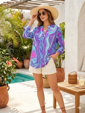 Dear Scarlett NWT Marble-Print Tunic in Aqua, Purple & Fuchsia